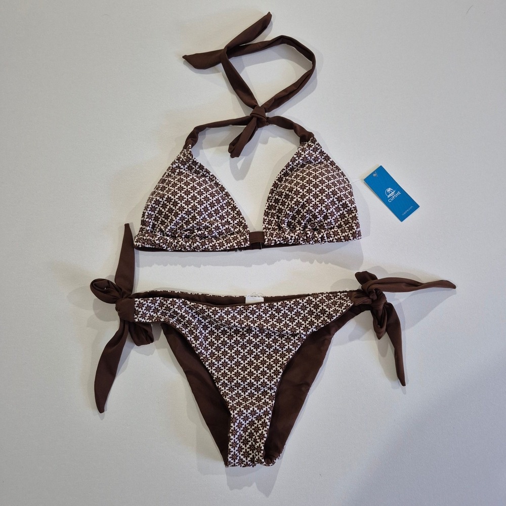 Cupshe Womens Brown Floral Geometric Halter Side Tie Bikini Set Size‎ Small NWT